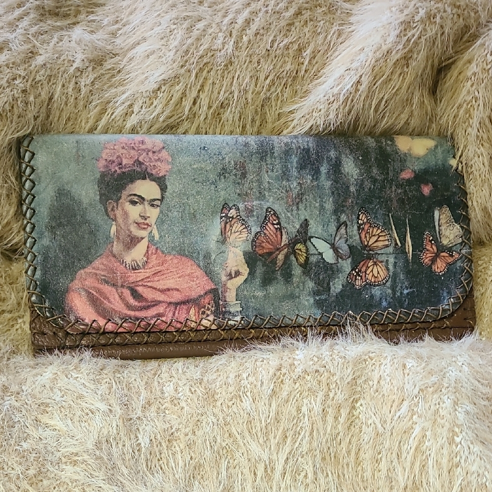 Brown Frida With Butterflies Leather Wallet with Vintage Design